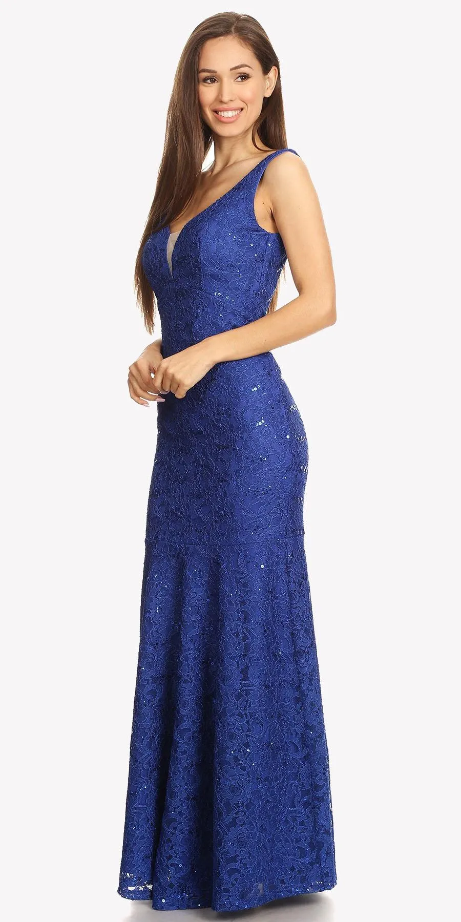 Eureka 5010 Lace Mermaid Gown V-Neck with Mesh Panel