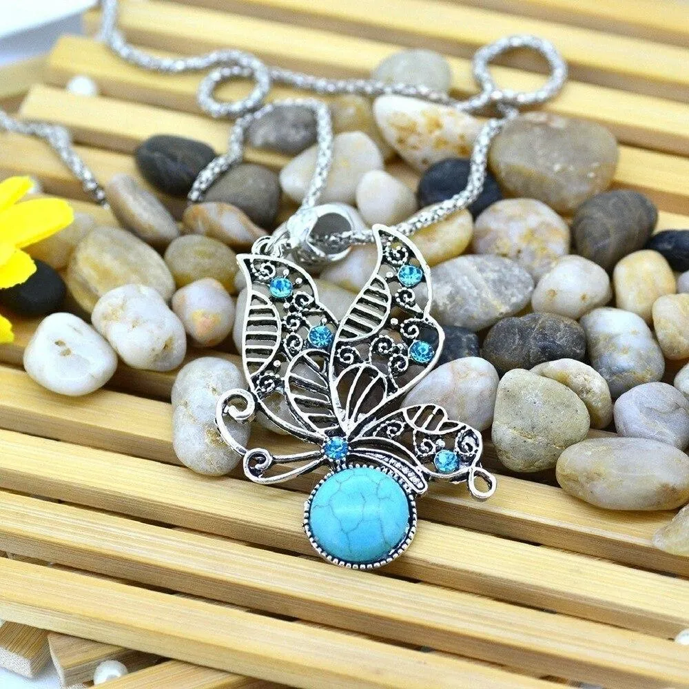 Exquisite Natural Stone Vintage Tibetan Silver Butterfly/Oval Pendant