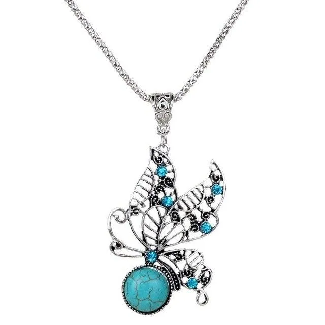 Exquisite Natural Stone Vintage Tibetan Silver Butterfly/Oval Pendant