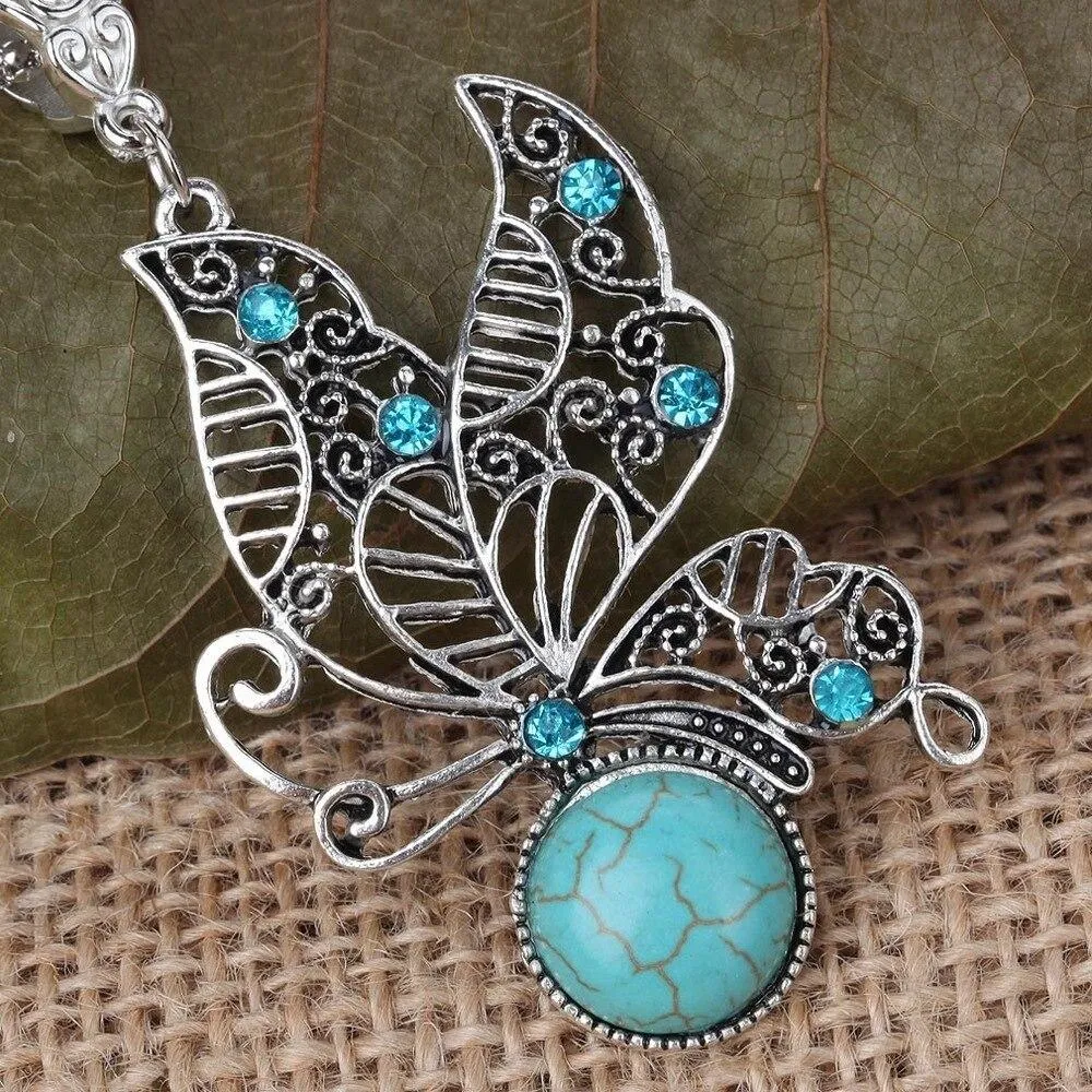 Exquisite Natural Stone Vintage Tibetan Silver Butterfly/Oval Pendant