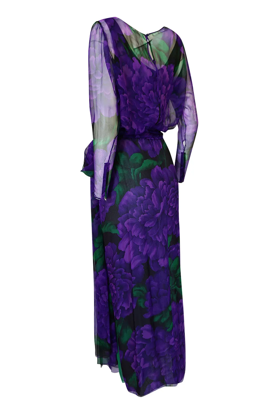 Extraordinary 1970s James Galanos Purple Silk Chiffon Demi-Couture Dress