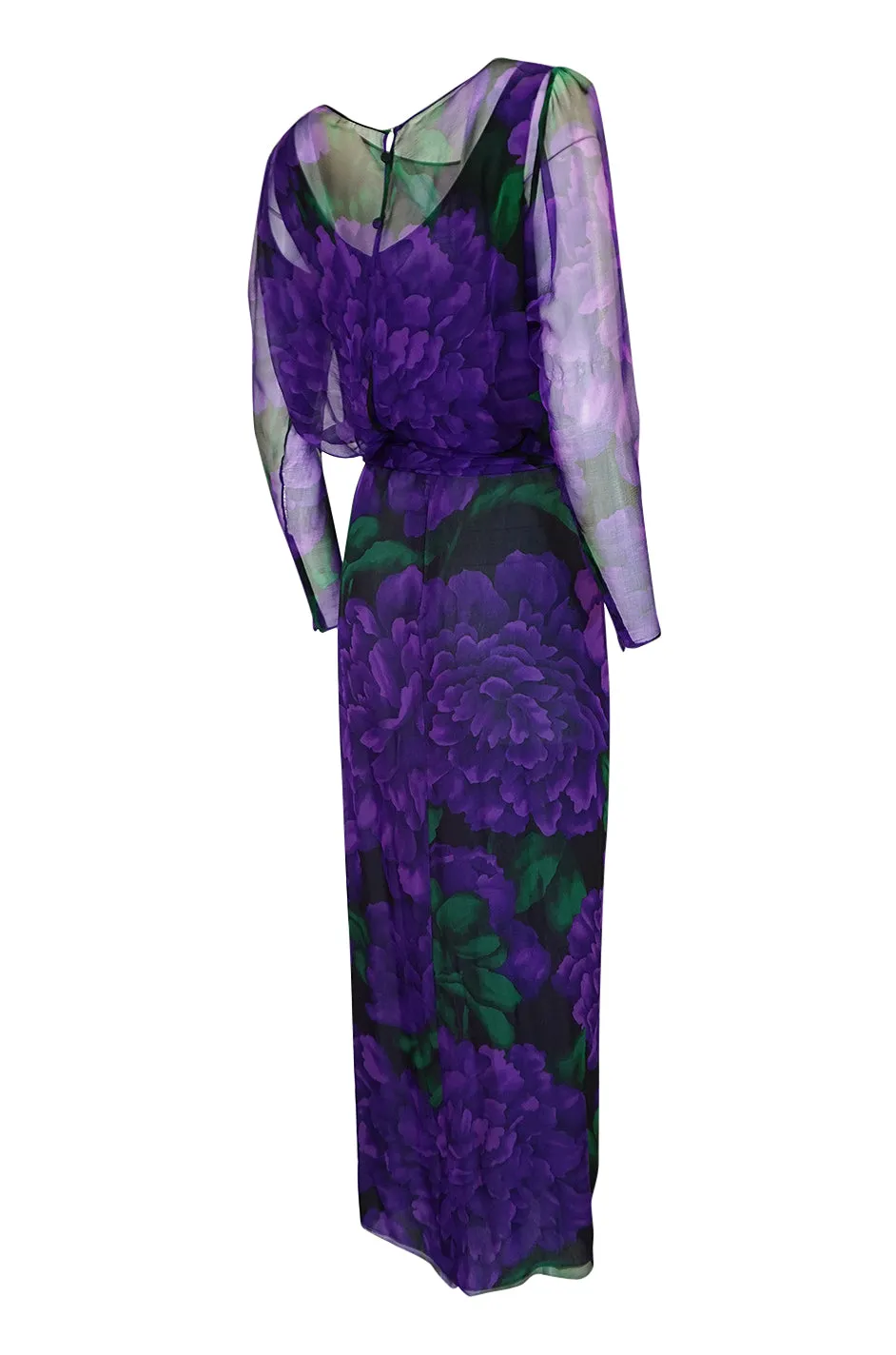 Extraordinary 1970s James Galanos Purple Silk Chiffon Demi-Couture Dress