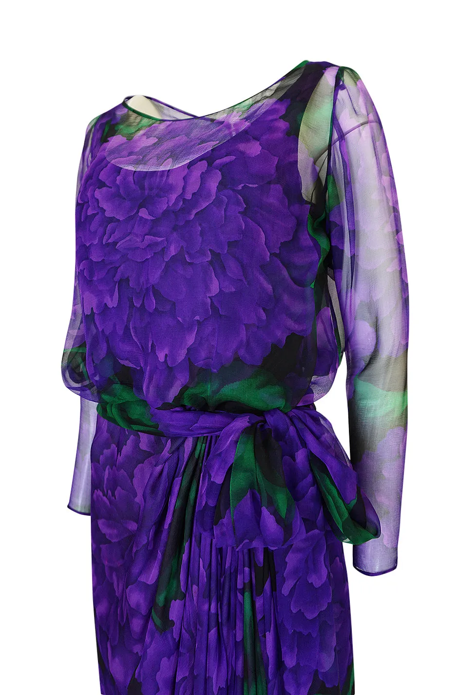 Extraordinary 1970s James Galanos Purple Silk Chiffon Demi-Couture Dress