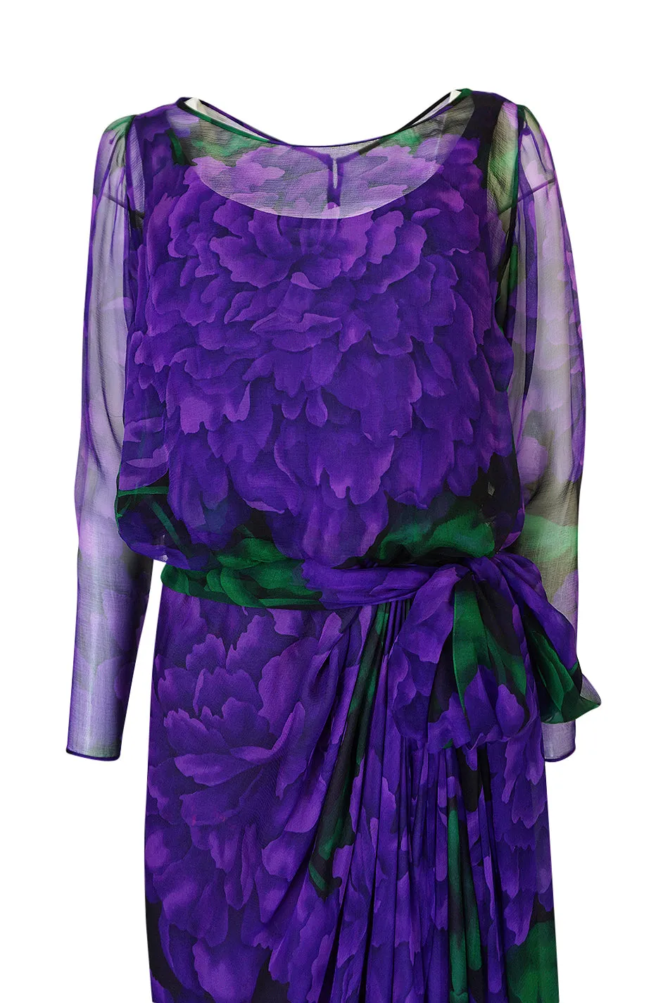 Extraordinary 1970s James Galanos Purple Silk Chiffon Demi-Couture Dress