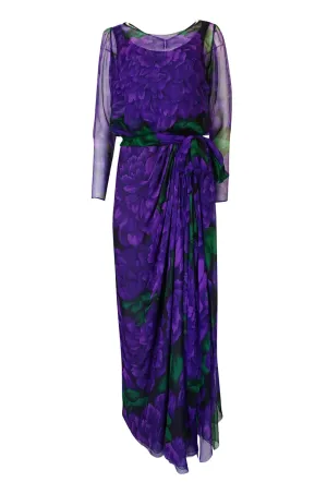 Extraordinary 1970s James Galanos Purple Silk Chiffon Demi-Couture Dress