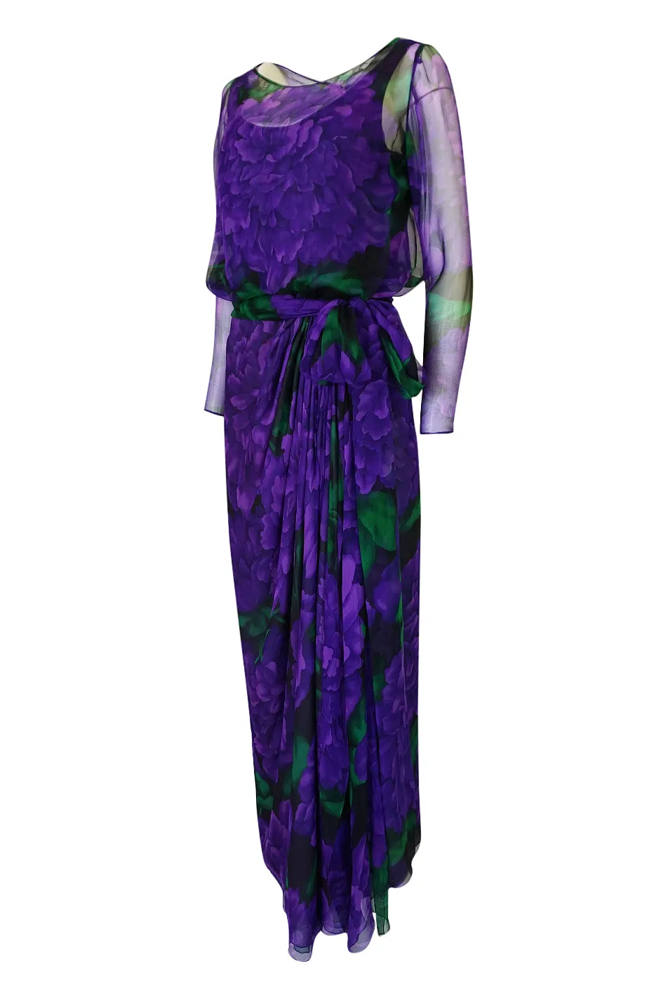 Extraordinary 1970s James Galanos Purple Silk Chiffon Demi-Couture Dress