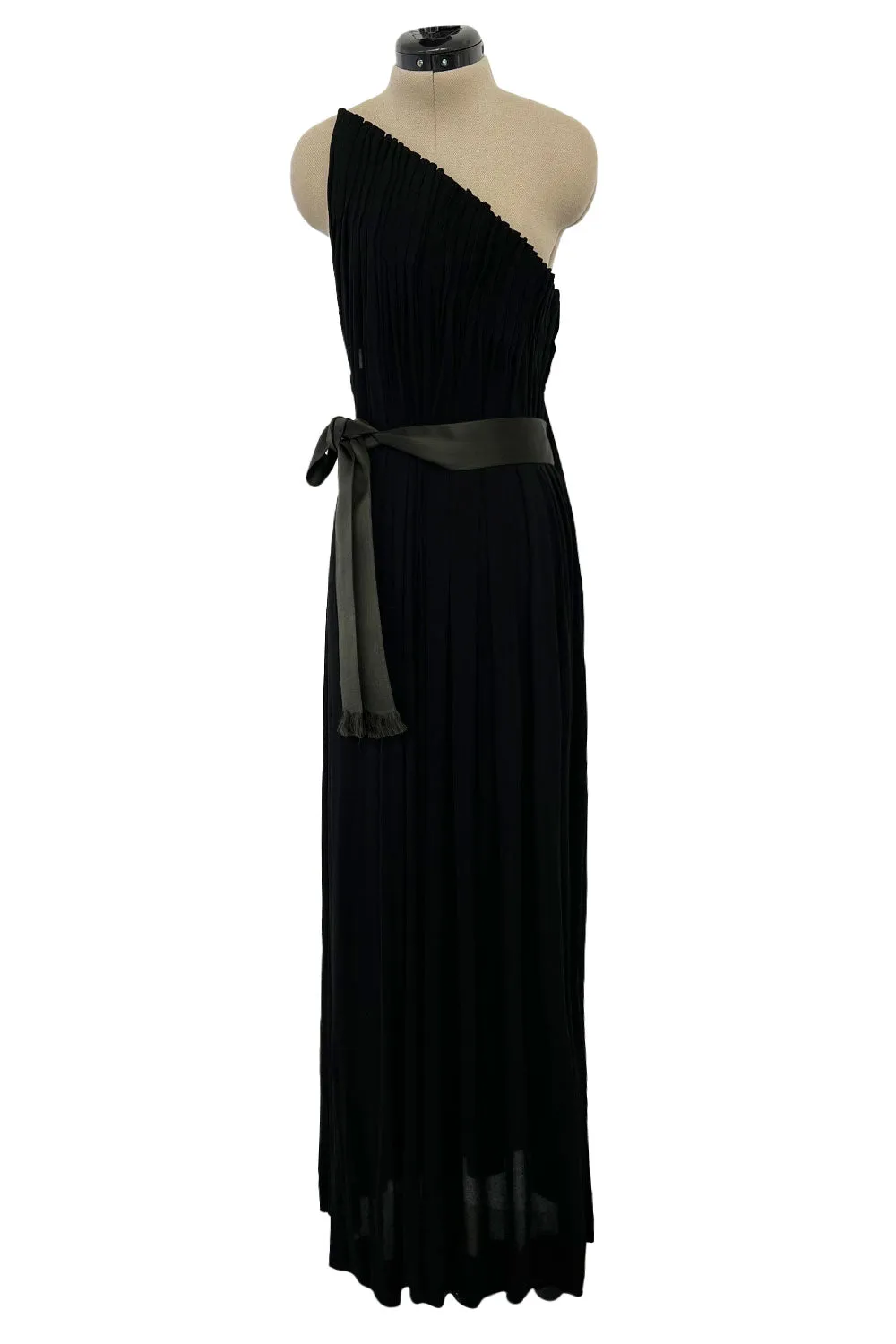 Fabulous Late 1970s James Galanos Intricate Flute Pleated Black Silk Jersey One Shoulder Dress