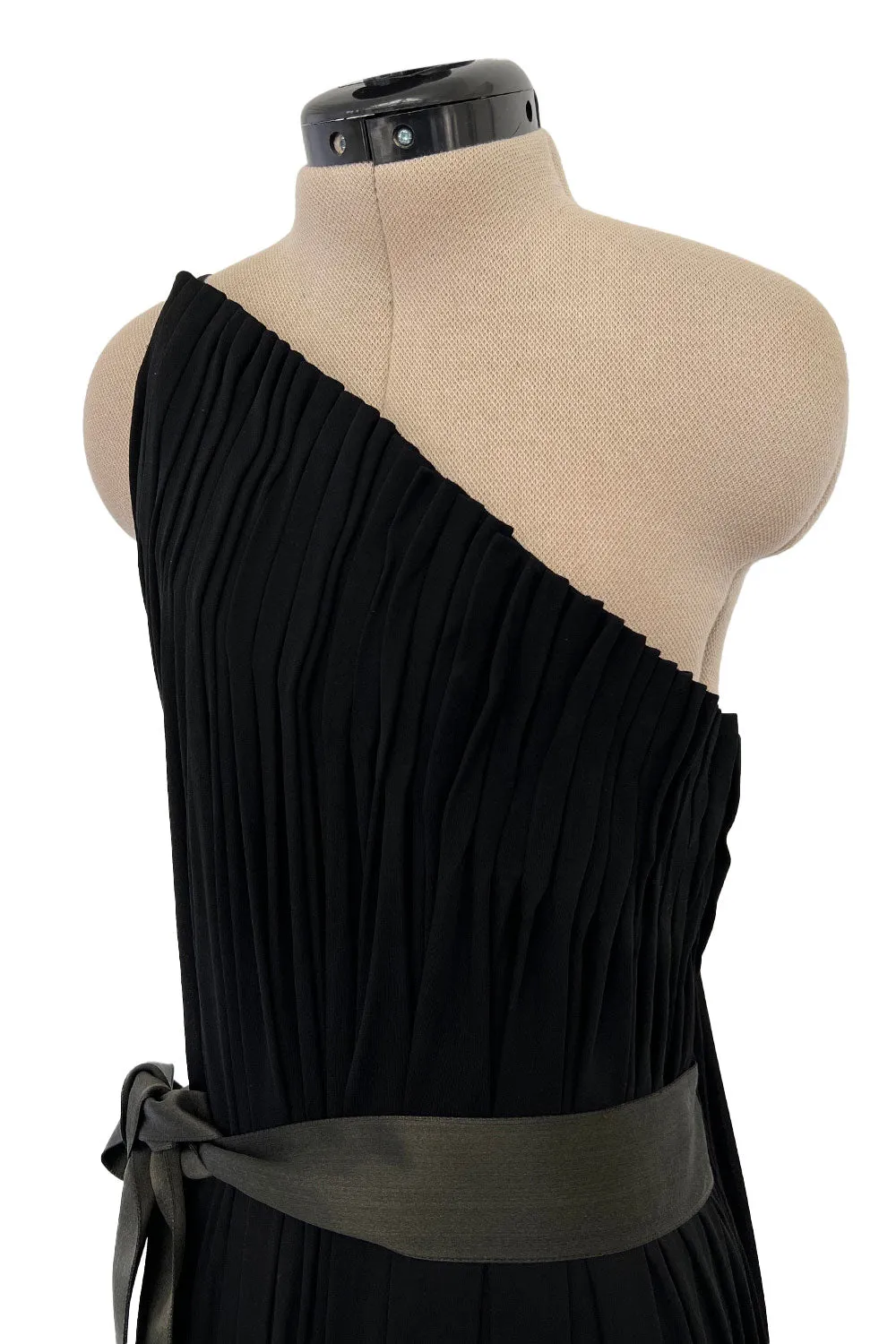 Fabulous Late 1970s James Galanos Intricate Flute Pleated Black Silk Jersey One Shoulder Dress