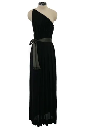 Fabulous Late 1970s James Galanos Intricate Flute Pleated Black Silk Jersey One Shoulder Dress