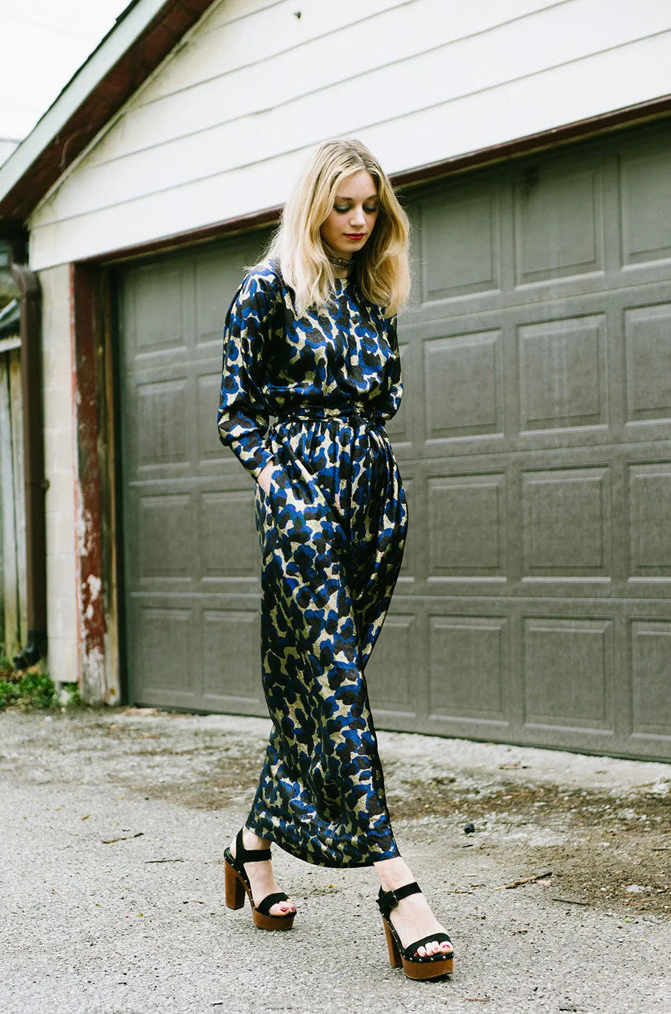 Fall 1979 Incredible Halston Gold & Blue Metallic Silk Dress