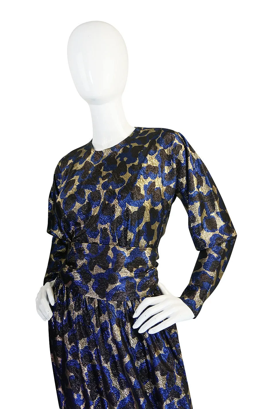 Fall 1979 Incredible Halston Gold & Blue Metallic Silk Dress