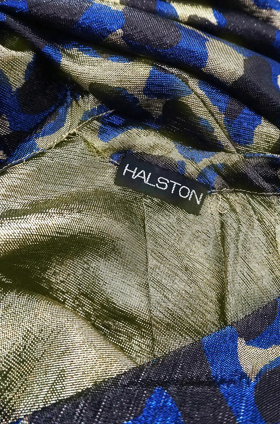 Fall 1979 Incredible Halston Gold & Blue Metallic Silk Dress