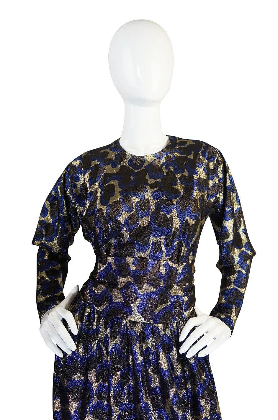 Fall 1979 Incredible Halston Gold & Blue Metallic Silk Dress