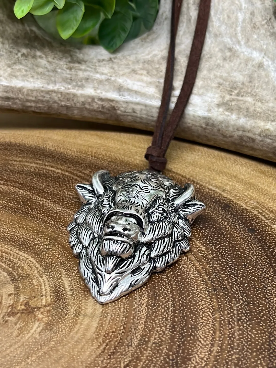 Fashion Buffalo Head Pendant on Leather - 28"