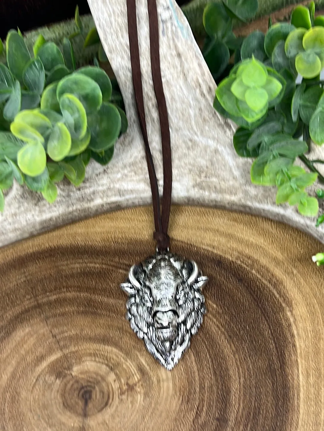 Fashion Buffalo Head Pendant on Leather - 28"