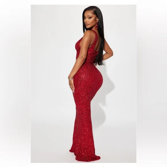Fashion Nova Alora Sequin Maxi Dress - Red