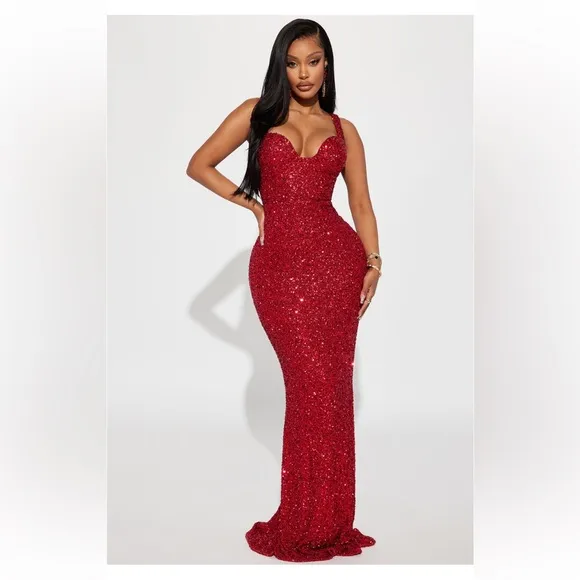 Fashion Nova Alora Sequin Maxi Dress - Red