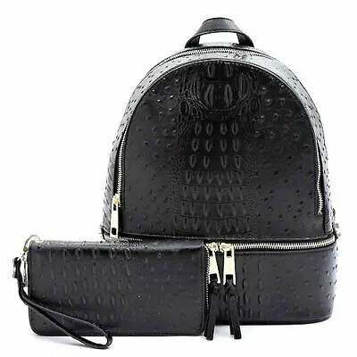 Faux Ostrich Pattern Fashion Backpack w/ Wallet