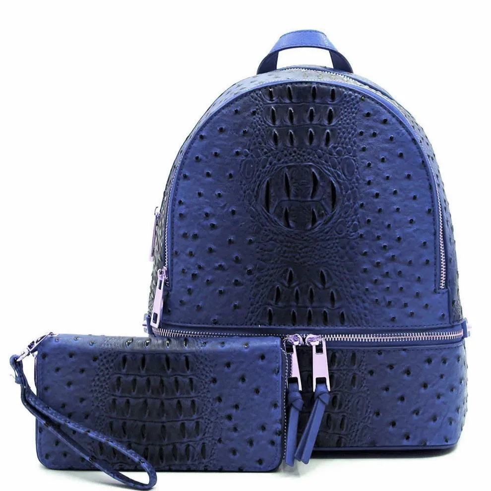 Faux Ostrich Pattern Fashion Backpack w/ Wallet
