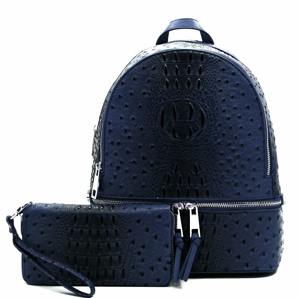 Faux Ostrich Pattern Fashion Backpack w/ Wallet