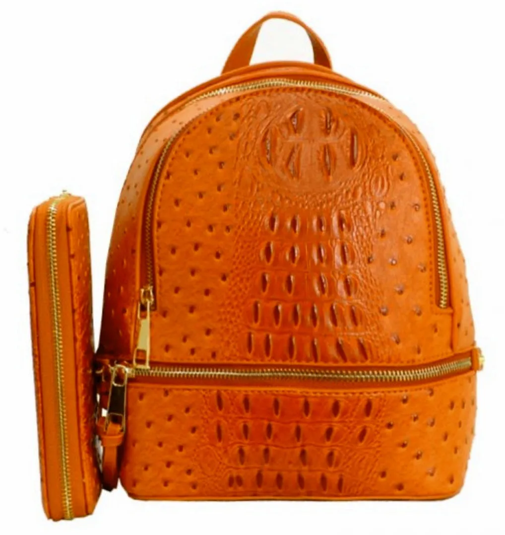 Faux Ostrich Pattern Fashion Backpack w/ Wallet