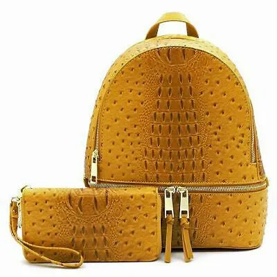 Faux Ostrich Pattern Fashion Backpack w/ Wallet