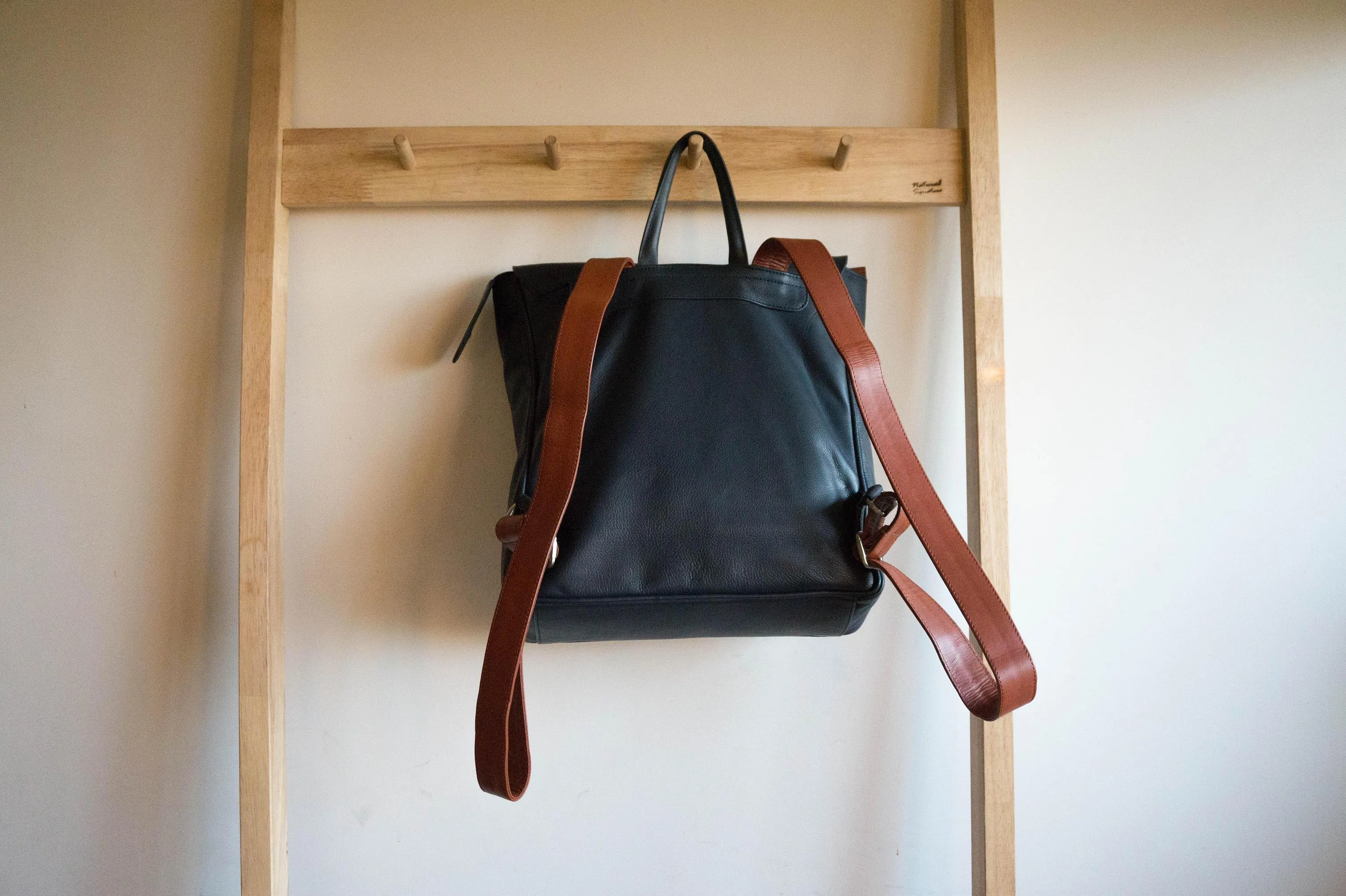 Flap Leather Backpack in Midnight Navy