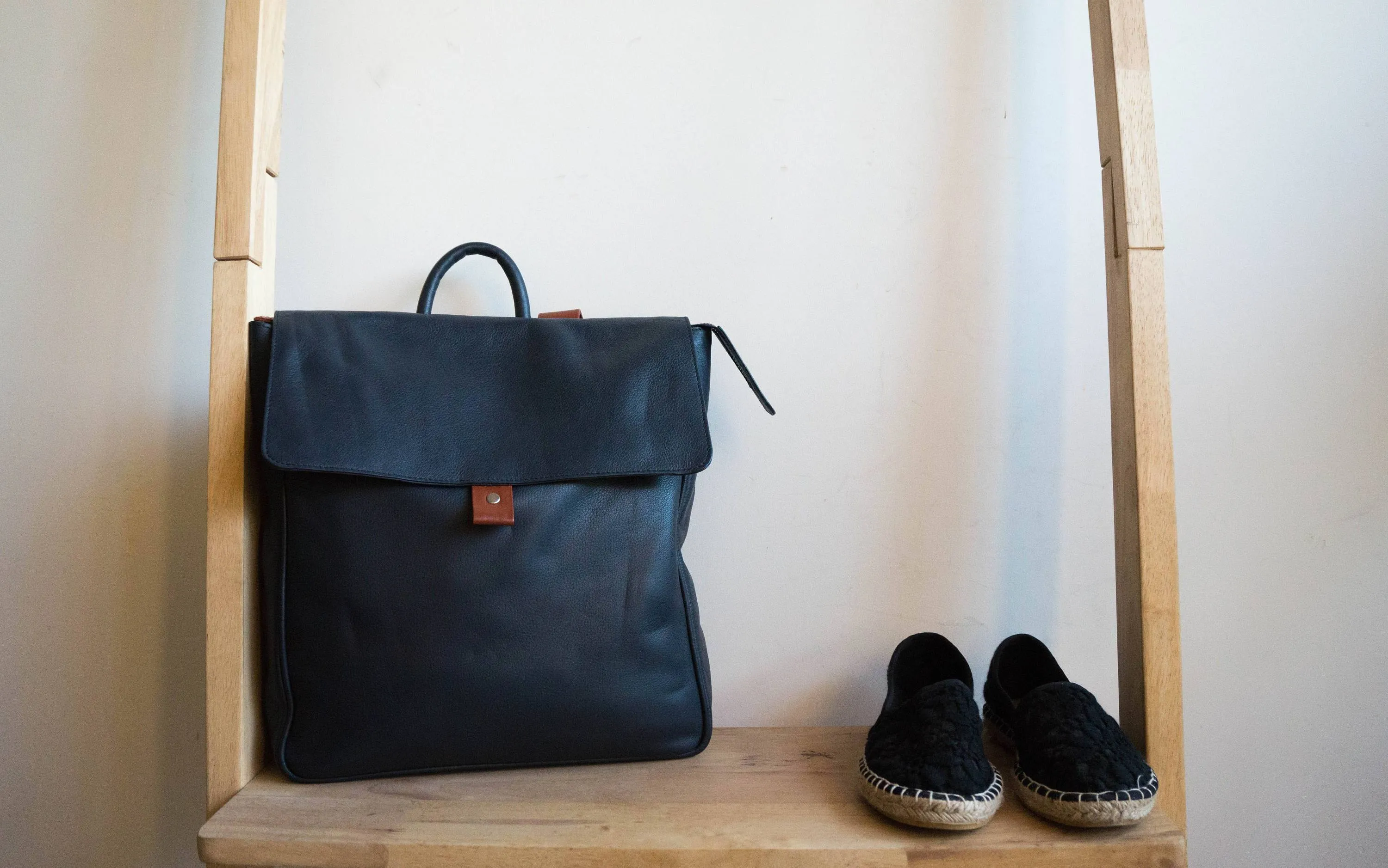 Flap Leather Backpack in Midnight Navy