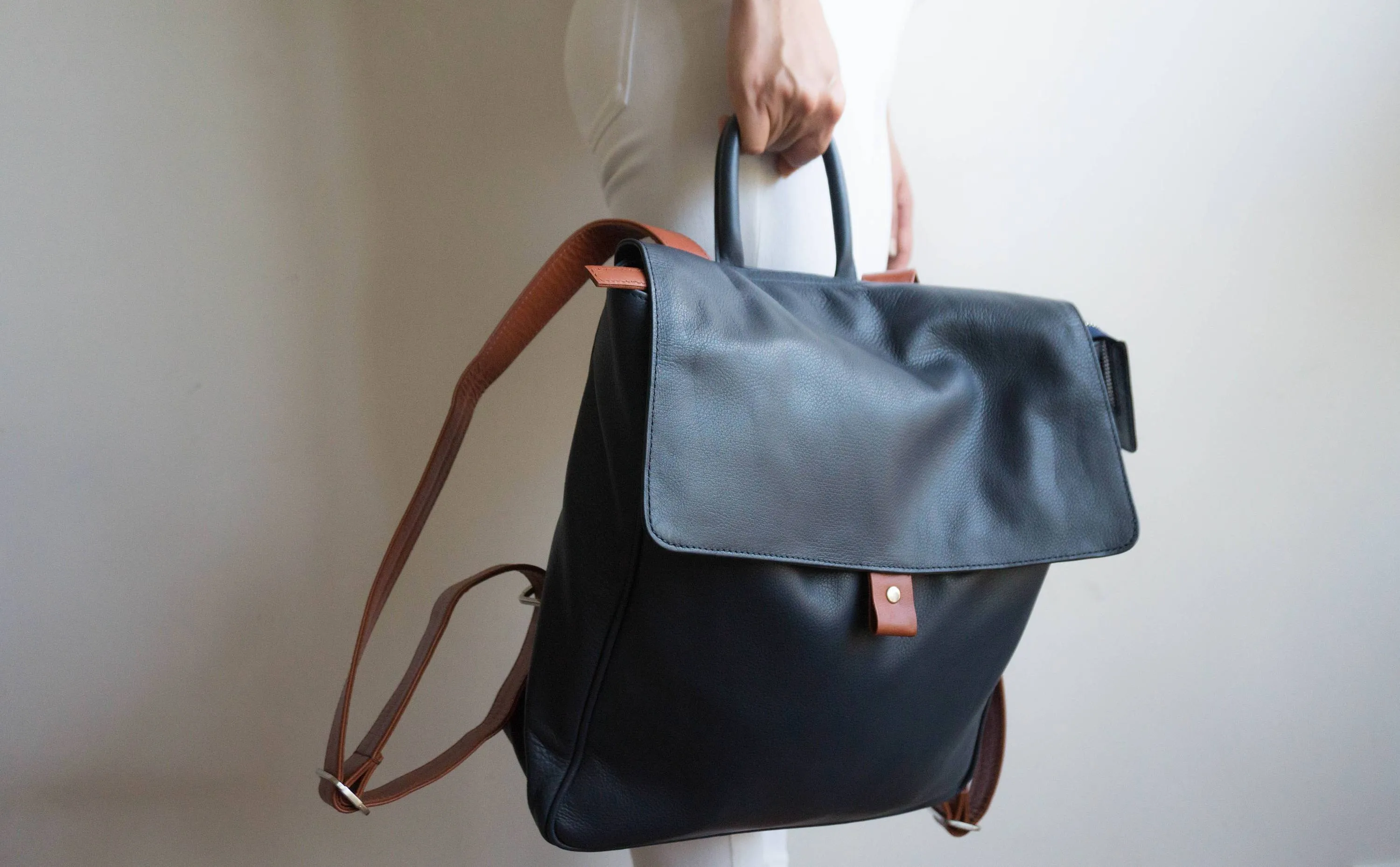 Flap Leather Backpack in Midnight Navy