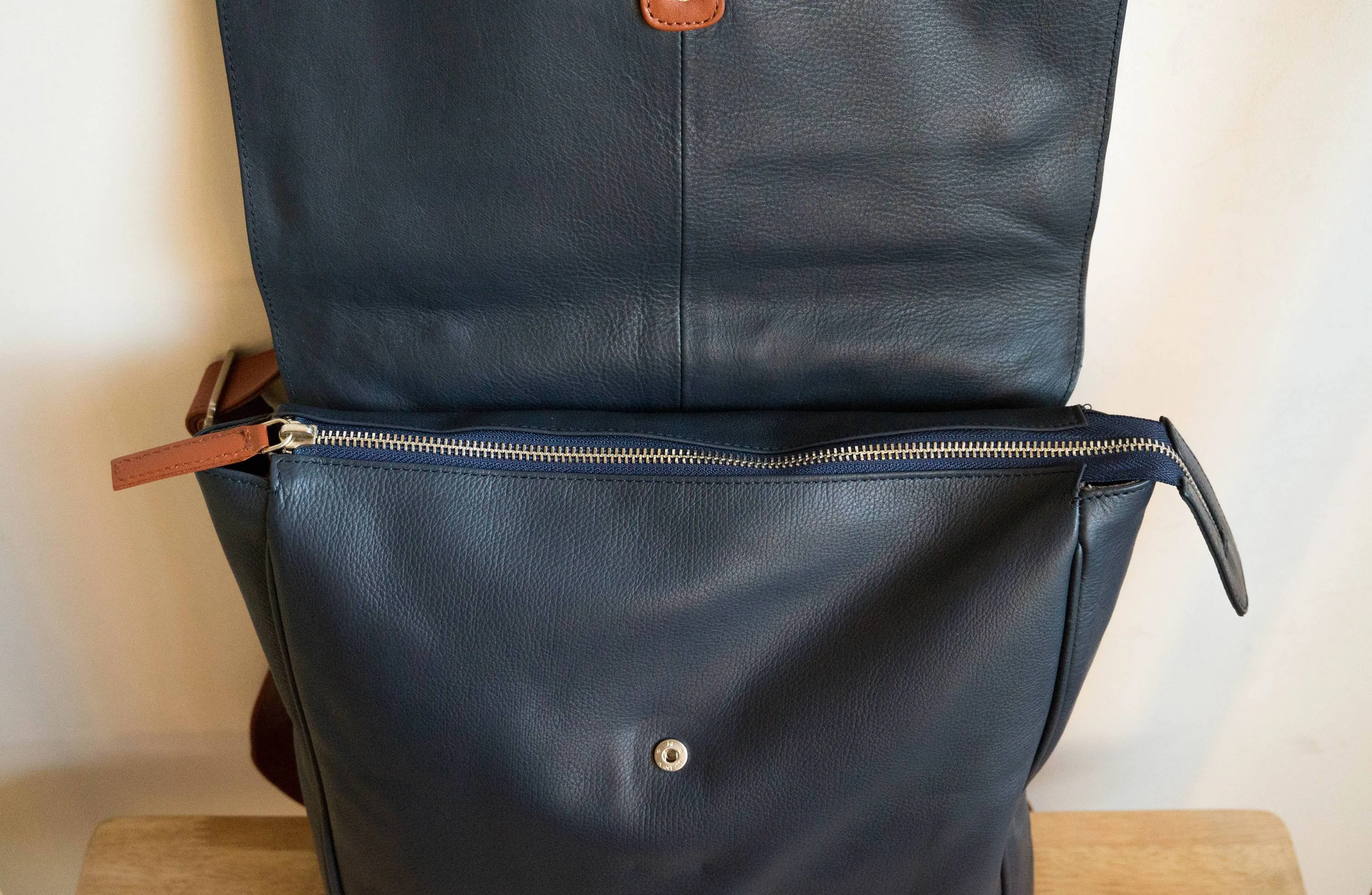 Flap Leather Backpack in Midnight Navy