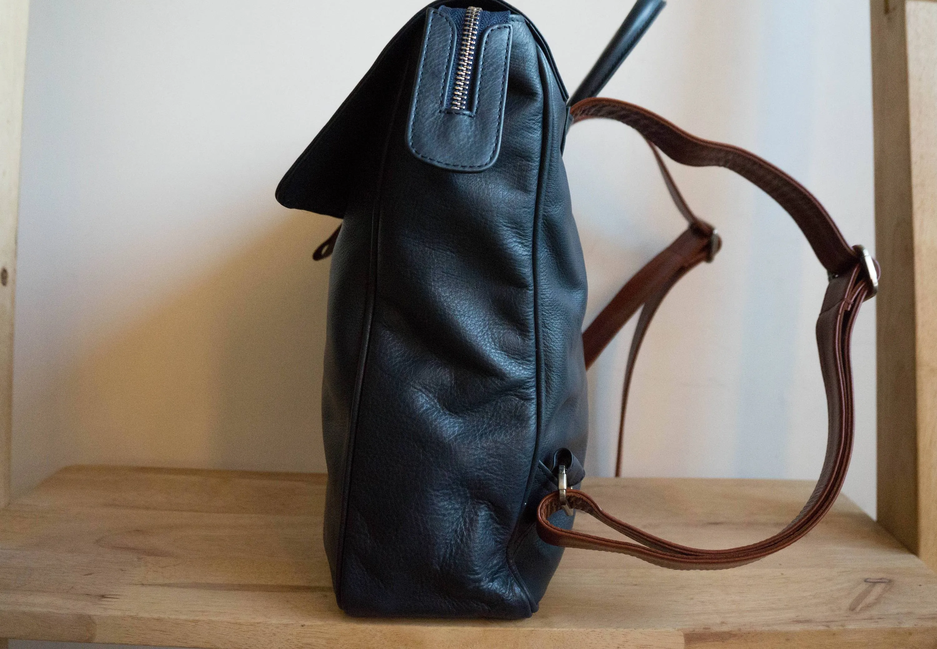 Flap Leather Backpack in Midnight Navy
