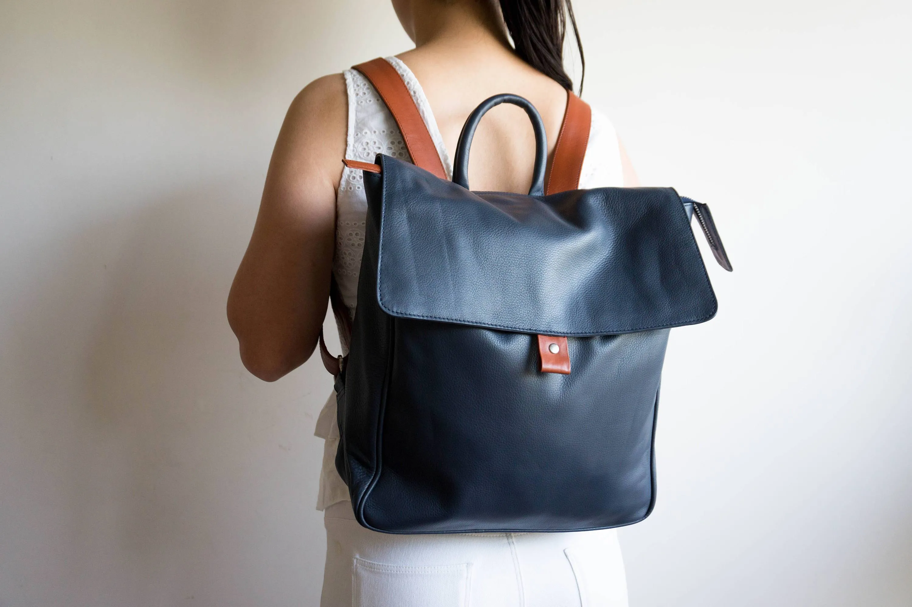 Flap Leather Backpack in Midnight Navy