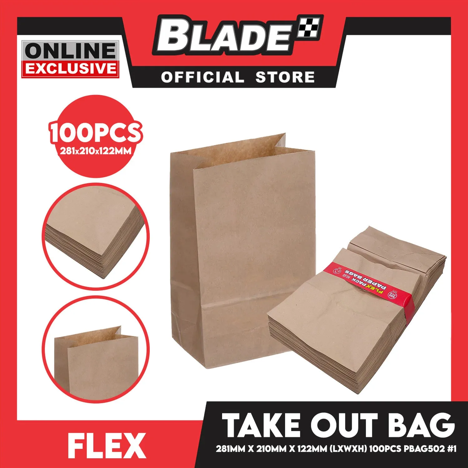 Flex Take Out Bag Paper Bags for Grocery Shopping 100pcs #1 PBAG502 281x210x122mm (LxWxH)