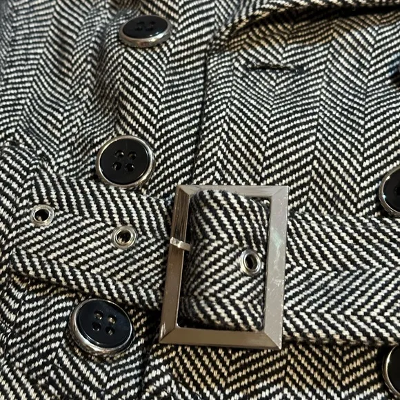 G by Guess Women’s Herringbone Belted Coat Black White Peacoat size XS