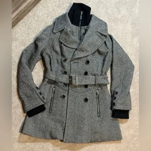 G by Guess Women’s Herringbone Belted Coat Black White Peacoat size XS