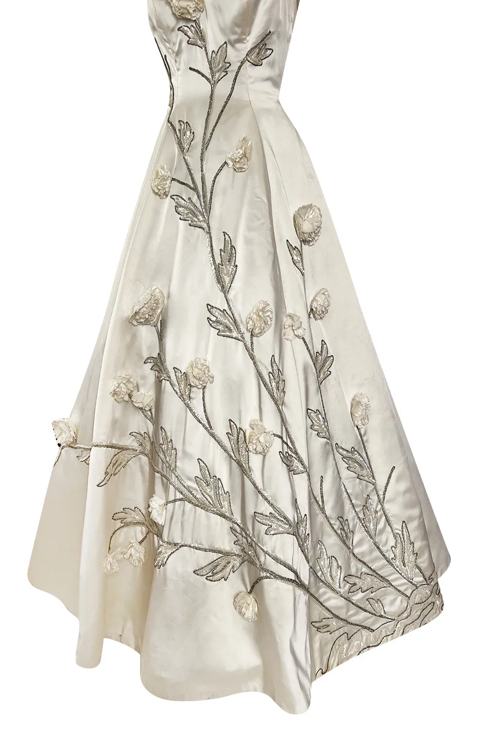 Gorgeous 1950s Emma Domb Ivory Matte Satin Dress w Sequin & 3D Flower Detailing