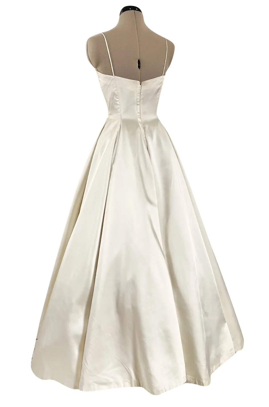 Gorgeous 1950s Emma Domb Ivory Matte Satin Dress w Sequin & 3D Flower Detailing