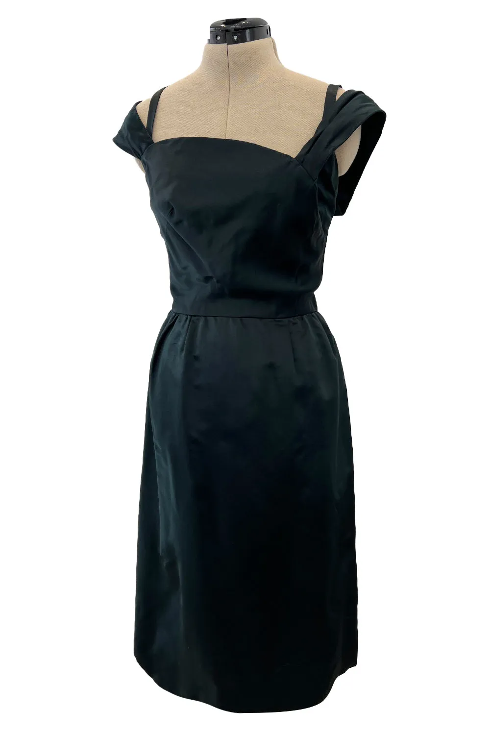 Gorgeous 1950s Harvey Berin Black Silk Cocktail Dress w Asymmetrical Neckline