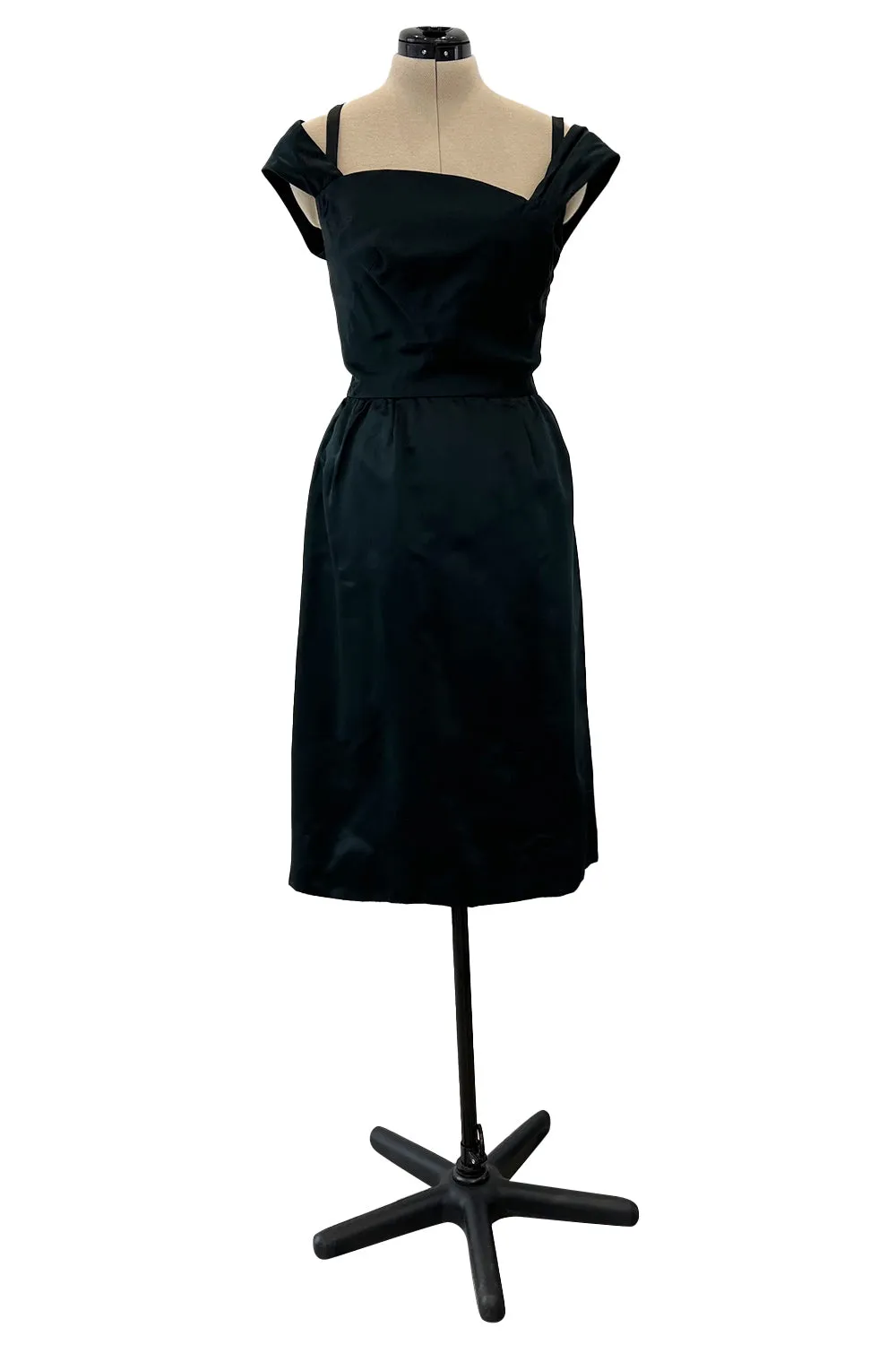 Gorgeous 1950s Harvey Berin Black Silk Cocktail Dress w Asymmetrical Neckline