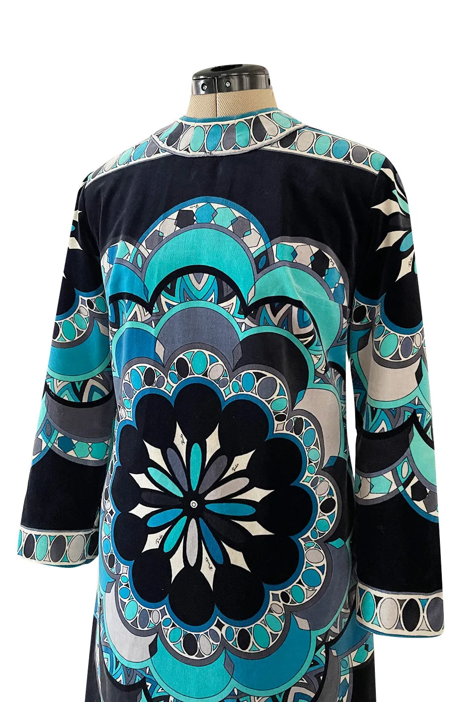 Gorgeous 1960s Emilio Pucci Velvet Dress in Ocean Blues & Classic Circle Print