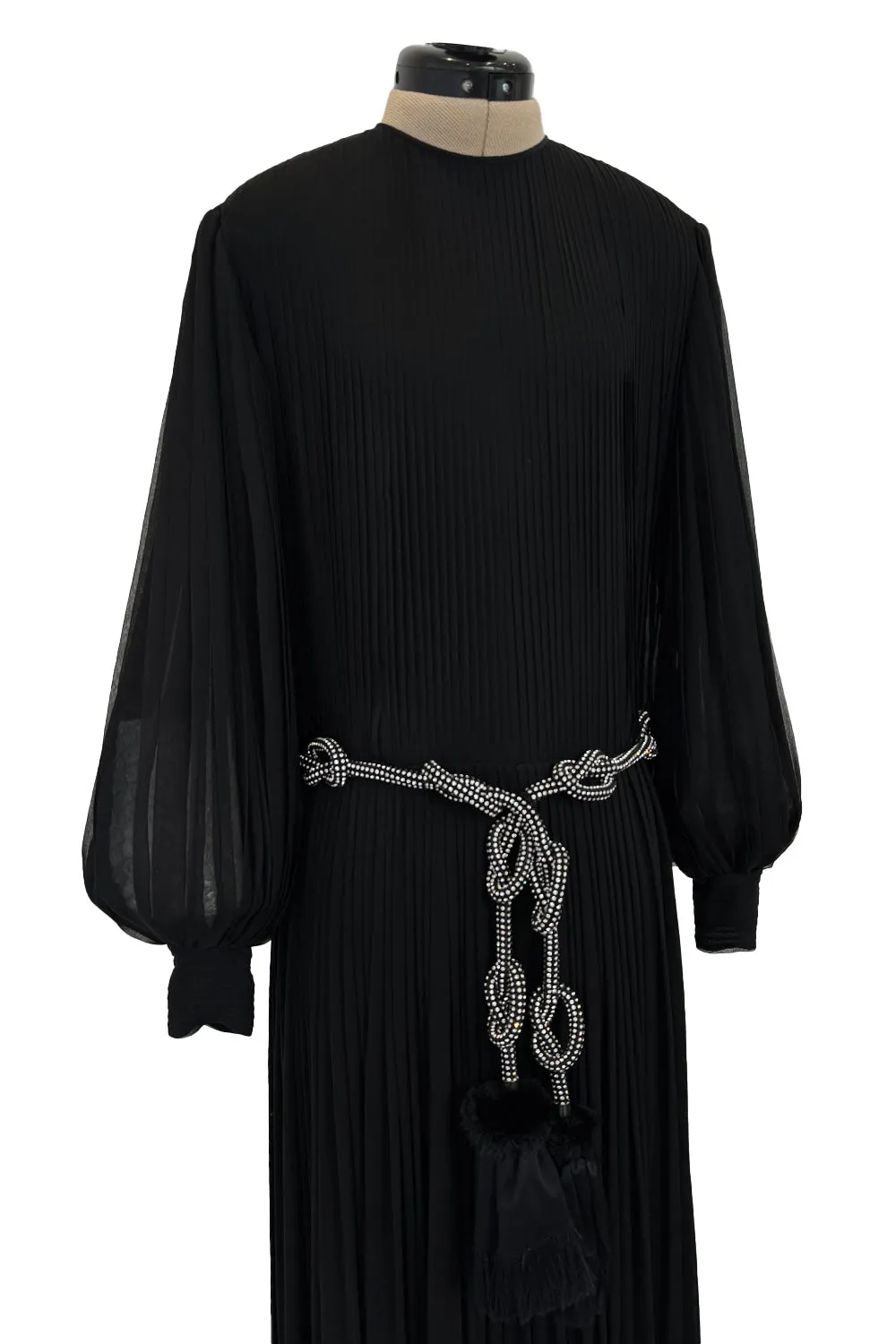 Gorgeous 1960s James Galanos Meticulously Pleated Black Silk Chiffon Dress w Elaborate Belt