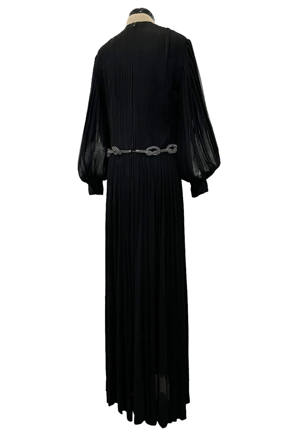 Gorgeous 1960s James Galanos Meticulously Pleated Black Silk Chiffon Dress w Elaborate Belt