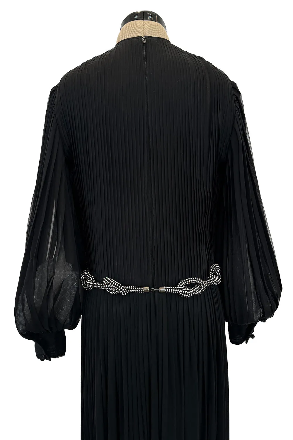 Gorgeous 1960s James Galanos Meticulously Pleated Black Silk Chiffon Dress w Elaborate Belt