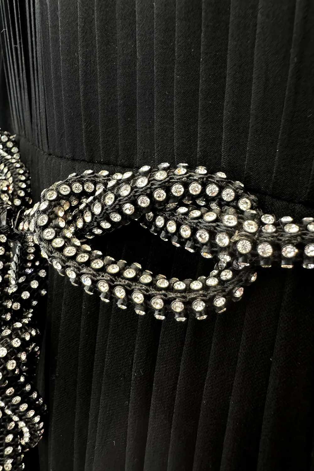 Gorgeous 1960s James Galanos Meticulously Pleated Black Silk Chiffon Dress w Elaborate Belt