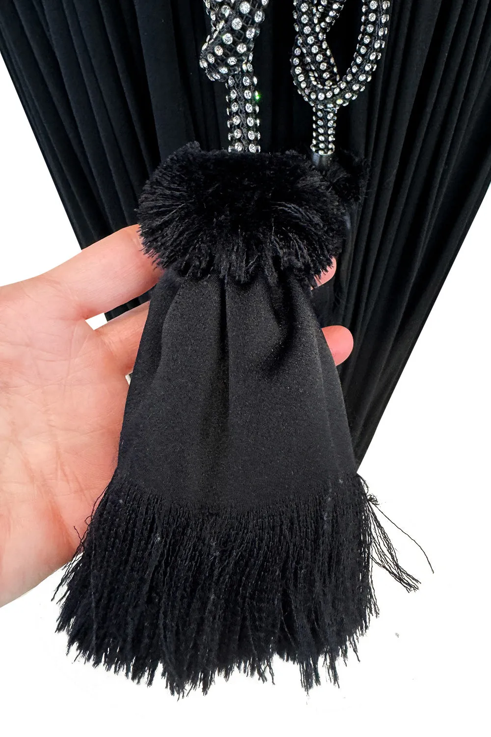 Gorgeous 1960s James Galanos Meticulously Pleated Black Silk Chiffon Dress w Elaborate Belt