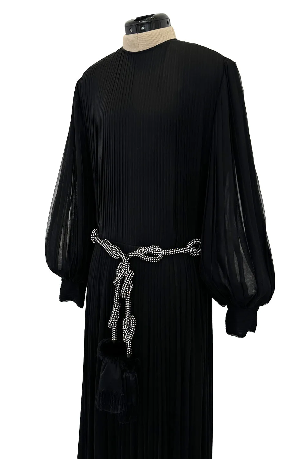 Gorgeous 1960s James Galanos Meticulously Pleated Black Silk Chiffon Dress w Elaborate Belt