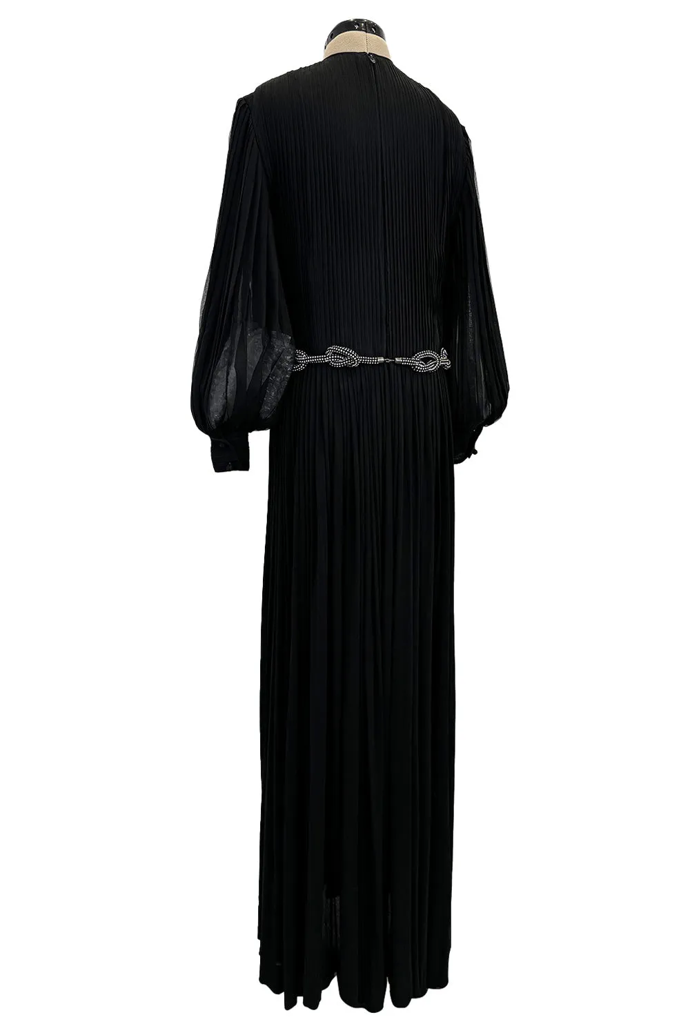 Gorgeous 1960s James Galanos Meticulously Pleated Black Silk Chiffon Dress w Elaborate Belt