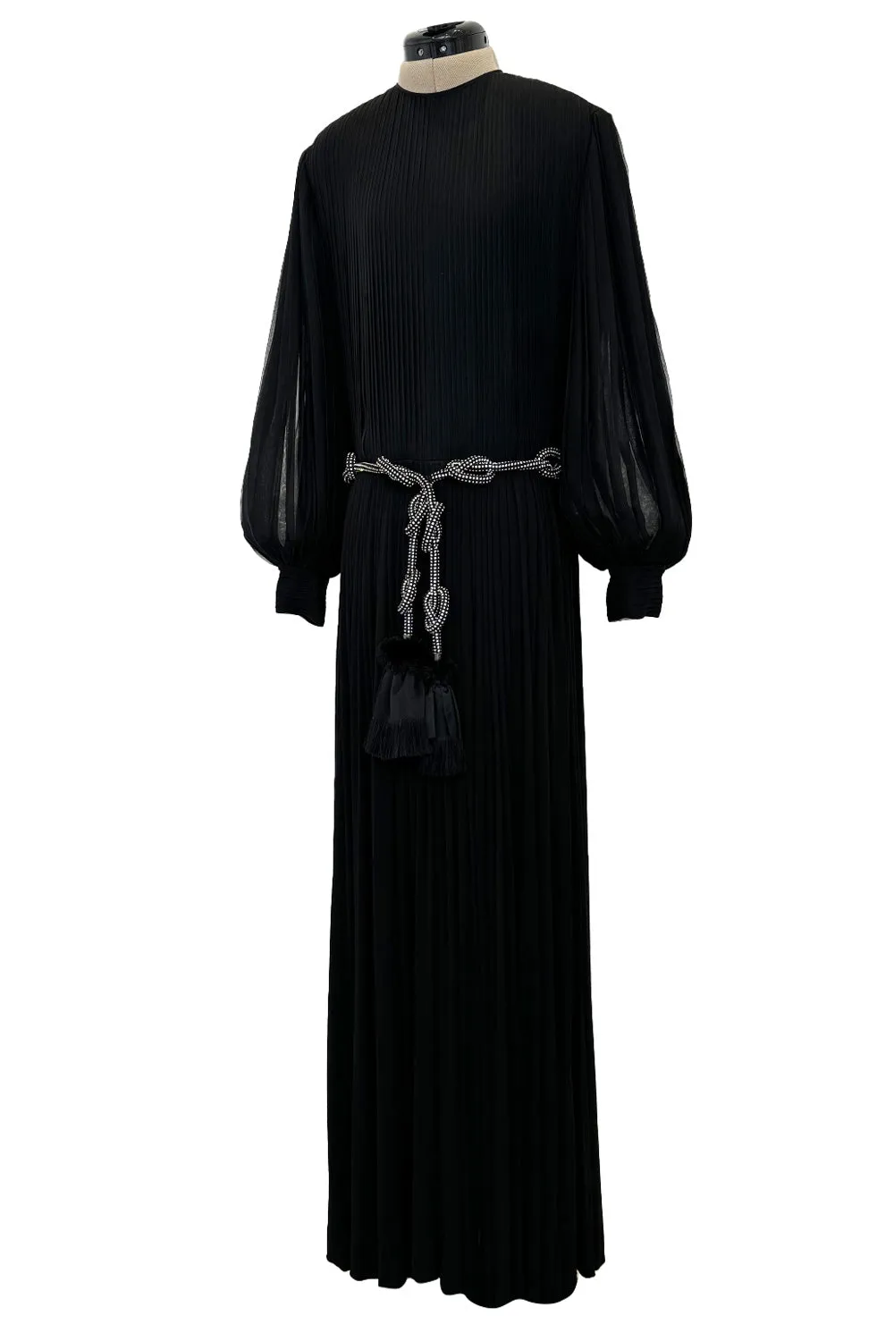 Gorgeous 1960s James Galanos Meticulously Pleated Black Silk Chiffon Dress w Elaborate Belt