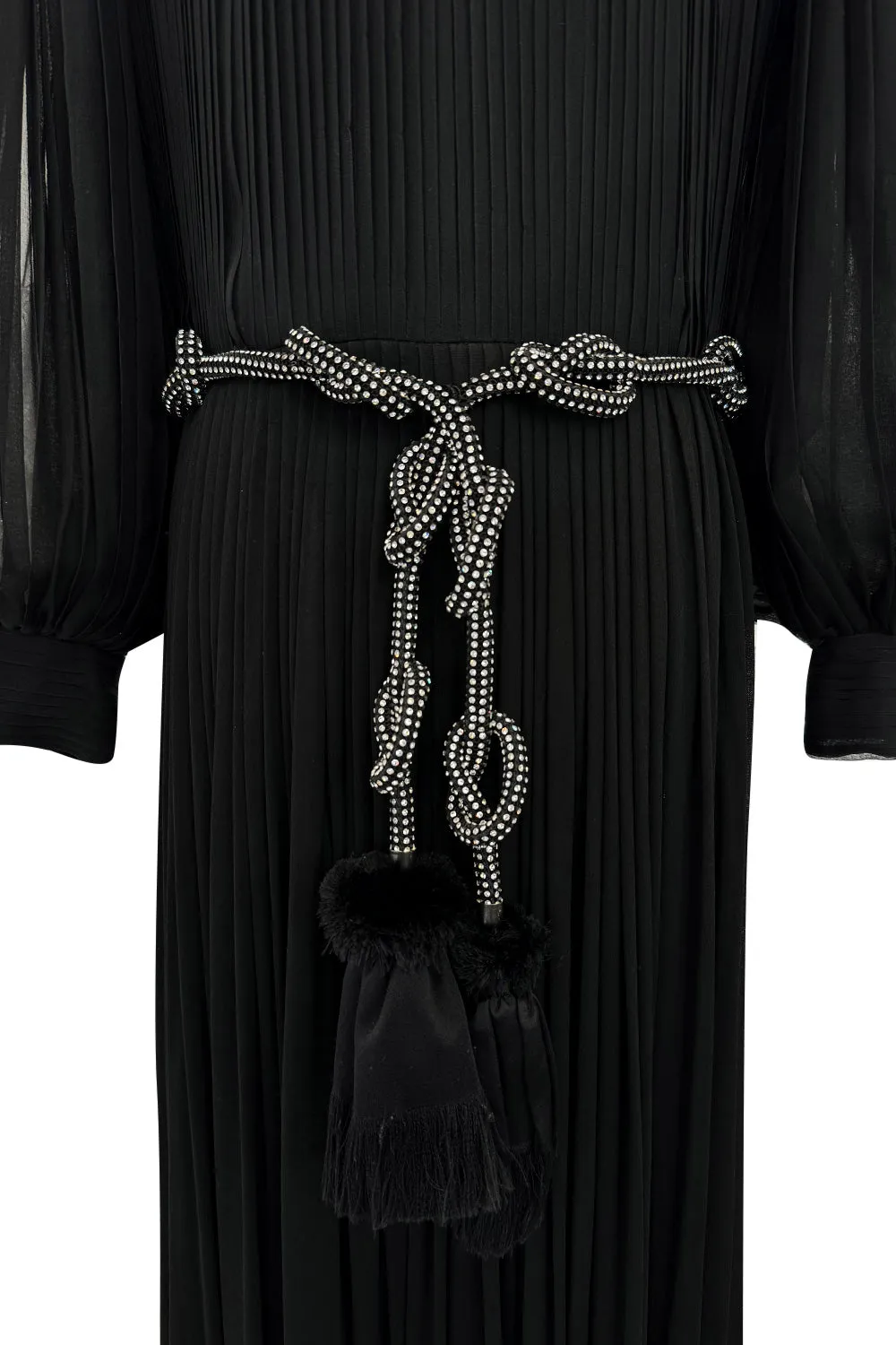 Gorgeous 1960s James Galanos Meticulously Pleated Black Silk Chiffon Dress w Elaborate Belt