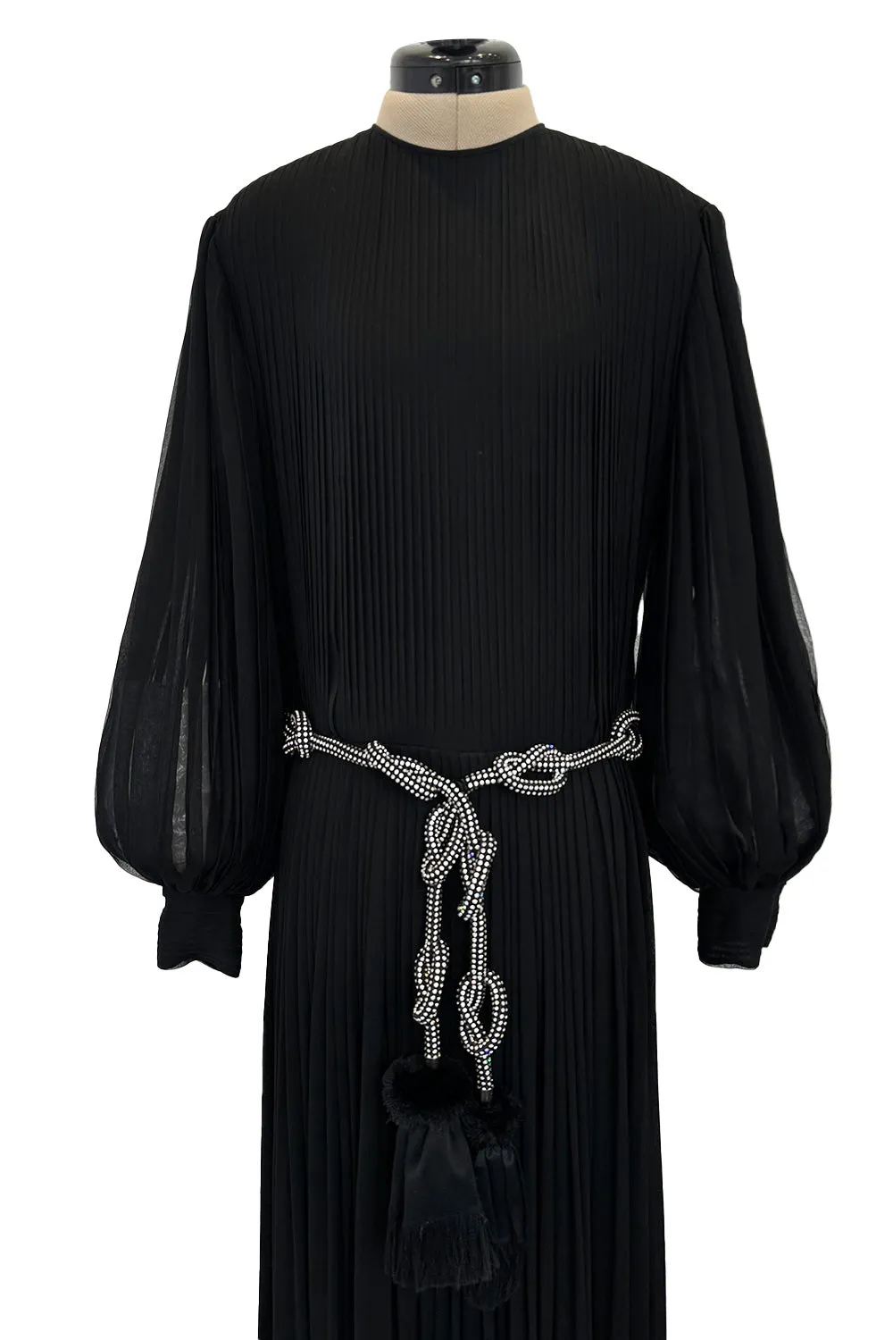 Gorgeous 1960s James Galanos Meticulously Pleated Black Silk Chiffon Dress w Elaborate Belt